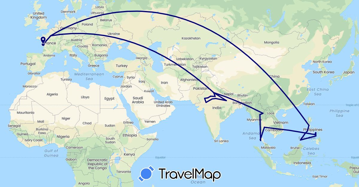 TravelMap itinerary: driving in France, India, Philippines, Thailand (Asia, Europe)